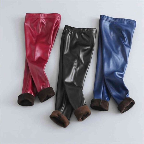 autumn winter girls leather pants thick velvet pu childrens leggings kids pencil infant warm trousers slim pant, Blue